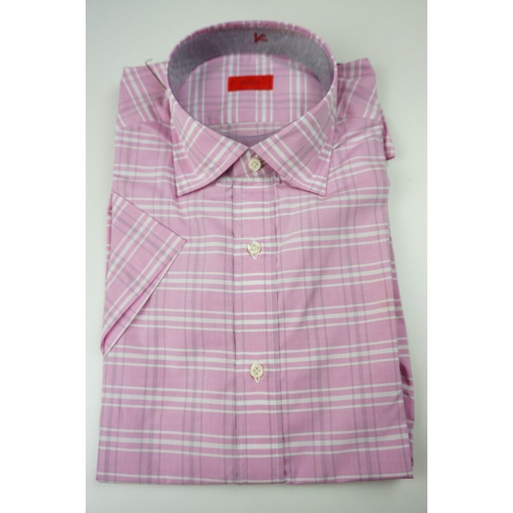 Isaia Napoli Bubblegum Pink White Plaid Short Sleeve Cotton Shirt 15.5/39 NEW